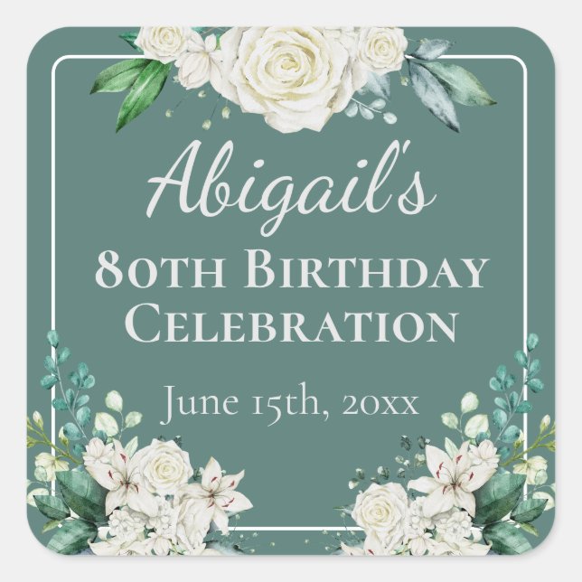 Pegatina Cuadrada Elegante Floral rosa blanca 80 cumpleaños Cualquie (Anverso)