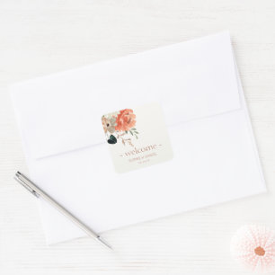 Pegatina Cuadrada Elegante Floral Watercolor Pareja Boda Bienvenida