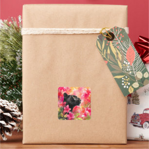 Pegatina Cuadrada Elegante floreciente Floral Wild Panther Negro