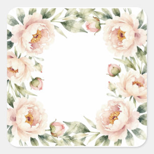 Pegatina Cuadrada Elegante fondo floral de peonía con rubor de acuar