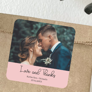 Pegatina Cuadrada Elegante foto de boda rosa sonrojado Amor y Gracia