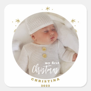 Pegatina Cuadrada Elegante foto de Navidad del bebé a doble cara