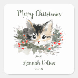 Pegatina Cuadrada Elegante Gatito Calico Lindo Minimalista Navidad