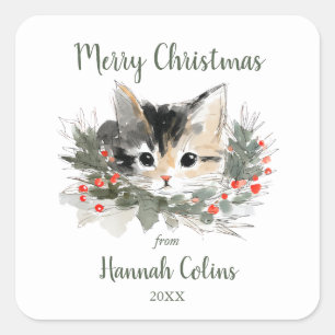 Pegatina Cuadrada Elegante Gatito Calico Lindo Minimalista Navidad