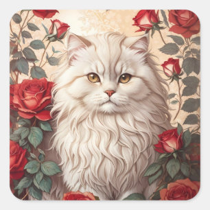 Pegatina Cuadrada Elegante gato persa con Rosas