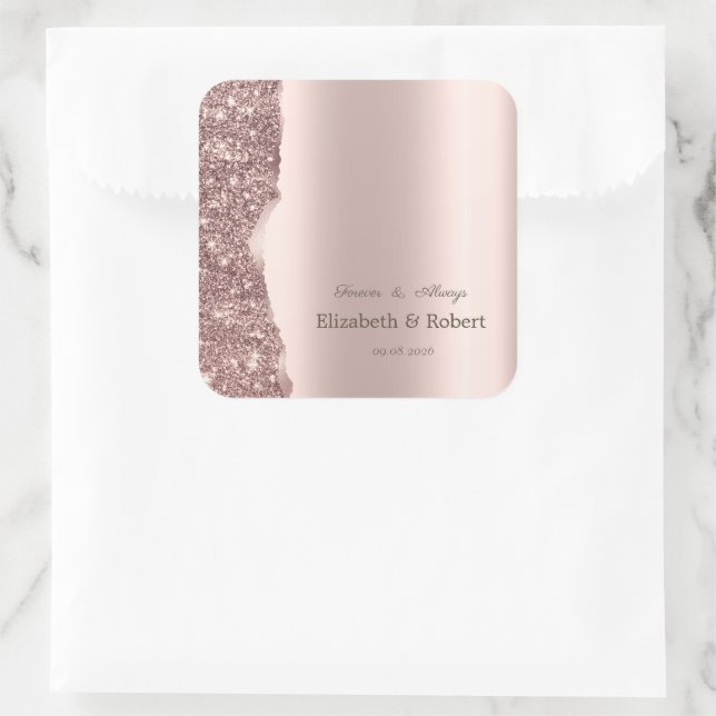 Pegatina Cuadrada Elegante Glitter Script Rosa Oro (Bolso)