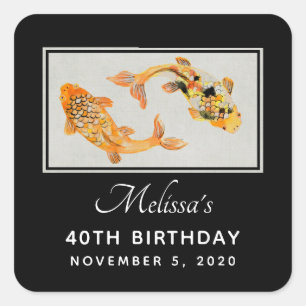 Pegatina Cuadrada Elegante Gold Koi Fish Birday