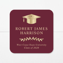 Pegatina Cuadrada Elegante Gorra de Graduación Dorada Rojo Burdeos G