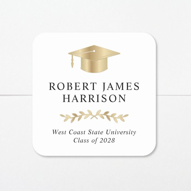 Pegatina Cuadrada Elegante Graduación blanca con gota de oro (Subido por el creador)
