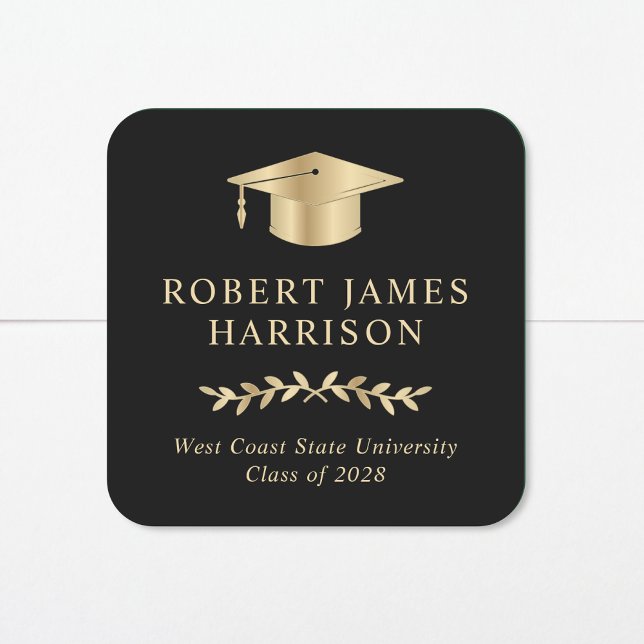 Pegatina Cuadrada Elegante Graduación en negro de gota de oro (Subido por el creador)