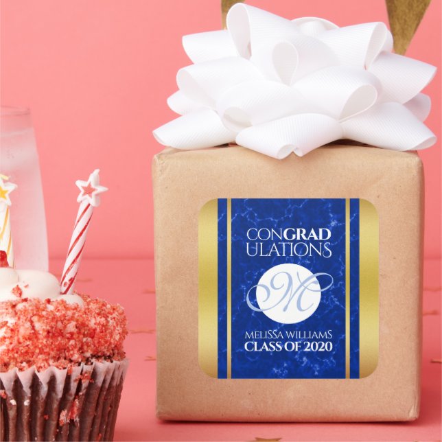 Pegatina Cuadrada Elegante Graduación Monograma Relieve metalizado d (Fiesta)