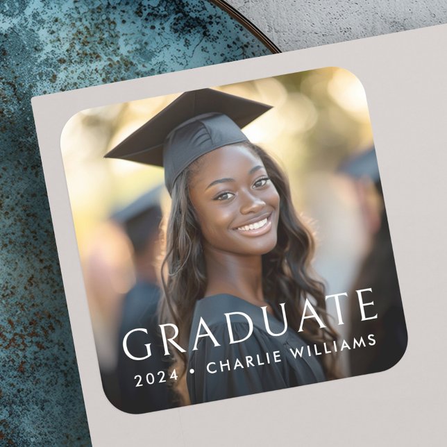 Pegatina Cuadrada Elegante graduado clásico de fotografía (Elegant classic graduation photo graduate square sticker)
