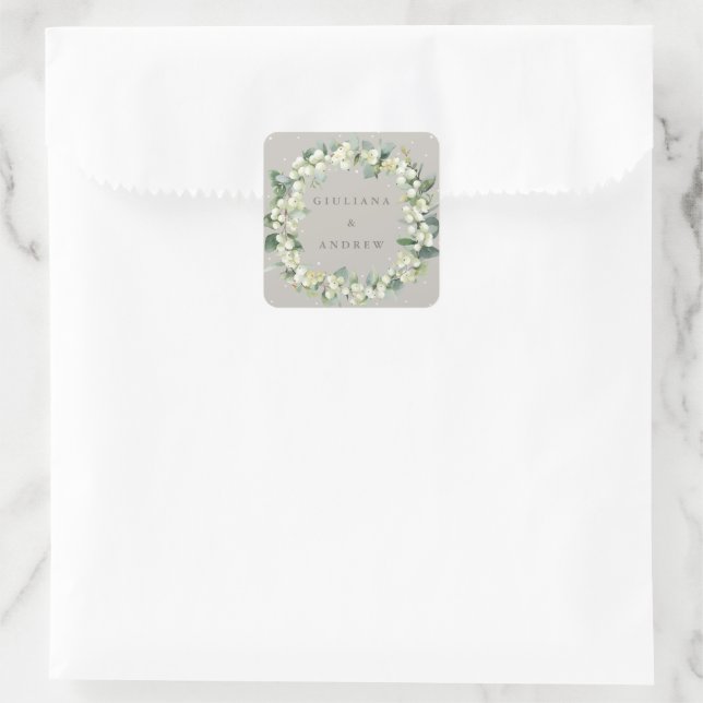 Pegatina Cuadrada Elegante Greige Snowberry+Eucalyptus Wreath Boda (Bolso)