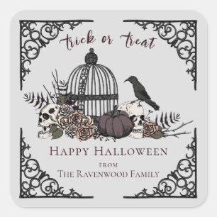 Pegatina Cuadrada Elegante Gris Gótico Gótico Gris Feliz Halloween