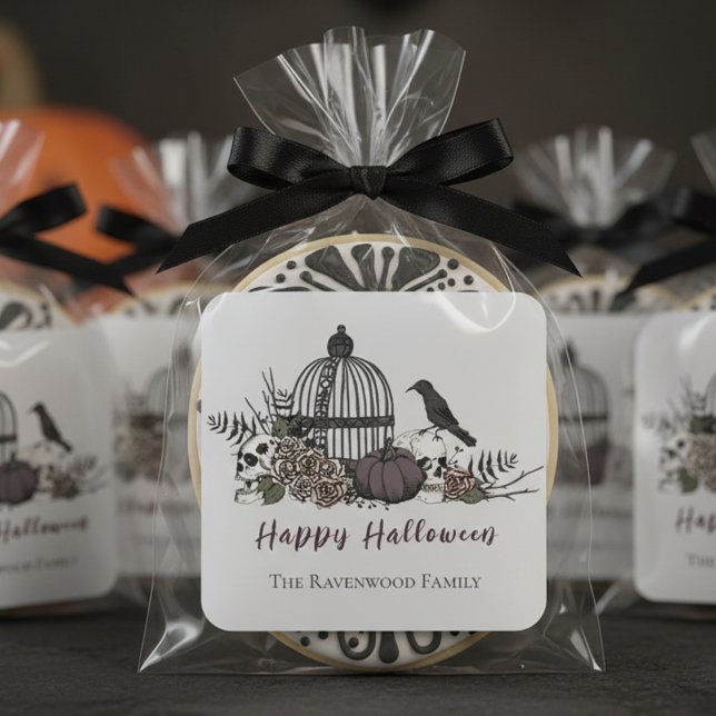 Pegatina Cuadrada Elegante Gris Gótico Gótico Gris Feliz Halloween (Gothic Halloween Floral Skull Sticker. Autumn Blush Roses, Burgundy Flowers, Skulls, Birdcage, Crow)