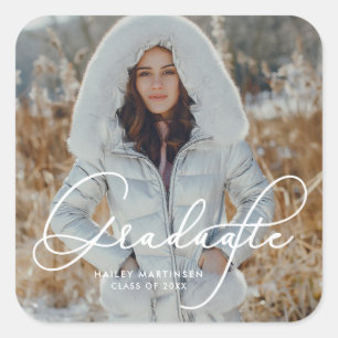 Pegatina Cuadrada Elegante guión Graduado Foto y nombre
