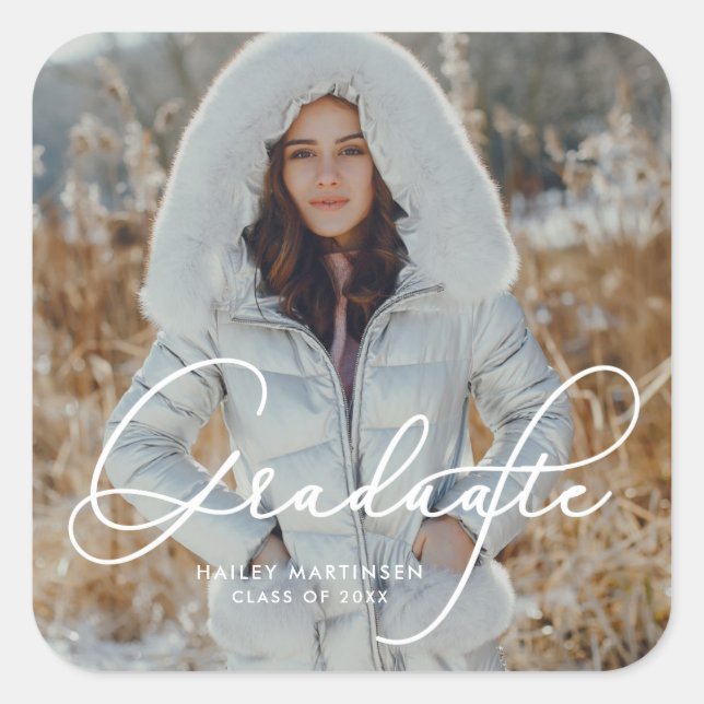 Pegatina Cuadrada Elegante guión Graduado Foto y nombre (Anverso)