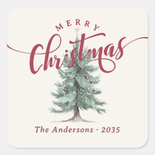 Pegatina Cuadrada Elegante guión vintage de Navidad alegre árbol rús