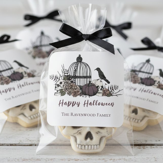 Pegatina Cuadrada Elegante Halloween gótico negro y blanco (Gothic Halloween Floral Skull Sticker. Autumn Blush Roses, Burgundy Flowers, Skulls, Birdcage, Raven)