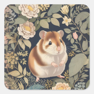 Pegatina Cuadrada Elegante Hamster William Morris inspirado en la fl