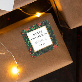 Pegatina Cuadrada Elegante Holly Berries Foliage Feliz Navidad