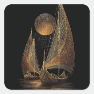 Pegatina Cuadrada Elegante Ilustracion de Arte de la Línea de Oro de