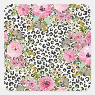 Pegatina Cuadrada Elegante impresión de leopardo y diseño floral