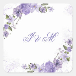 Pegatina Cuadrada Elegante Invitación a la Boda Floral Púrpura