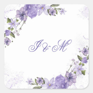Pegatina Cuadrada Elegante Invitación a la Boda Floral Púrpura