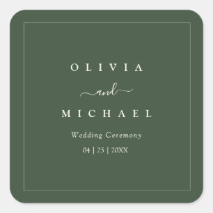 Pegatina Cuadrada Elegante Invitación de Boda Minimalista Verde Oscu