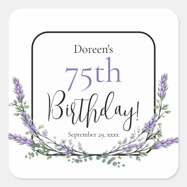 Pegatina Cuadrada Elegante lavanda acuarela cumpleaños botánico (Anverso)