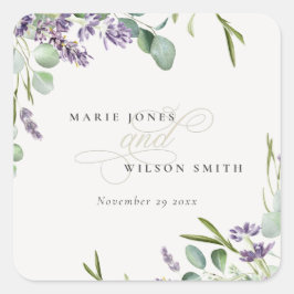 Pegatina Cuadrada Elegante Lavanda Eucalyptus Leafy Foliage Boda