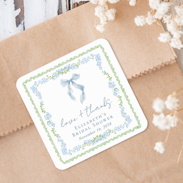 Pegatina Cuadrada Elegante lazo azul para despedida de soltera de ag (Elegant Blue Bow Bridal Shower Thank You Square Sticker)
