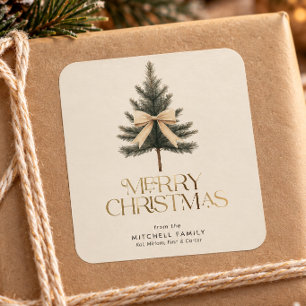 Pegatina Cuadrada Elegante lazo de árbol de pino de Navidad feliz Fa
