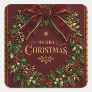 Pegatina Cuadrada Elegante lazo de terciopelo de Navidad, Botánica d