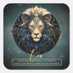 Pegatina Cuadrada Elegante León de Oro Negro Astrología Rótulo León