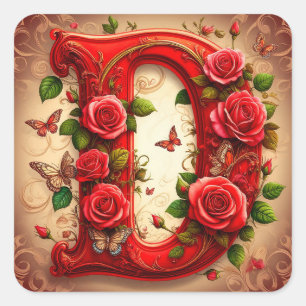 Pegatina Cuadrada Elegante letra D roja con rosas y mariposa