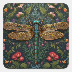 Pegatina Cuadrada Elegante libélula vintage boho botánico