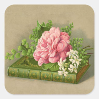 Pegatina Cuadrada Elegante libro elegante de flores de época peony