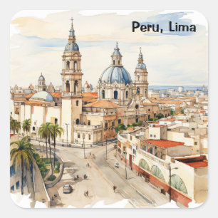 Pegatina Cuadrada Elegante Lima Perú Vista Panorámica Acuarela