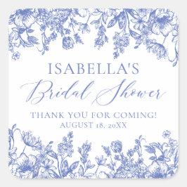 Pegatina Cuadrada Elegante Lluvia de Boda Floral Azul Polvoriento Vi