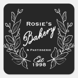 Pegatina Cuadrada Elegante logo de la panadería Wreath White Black