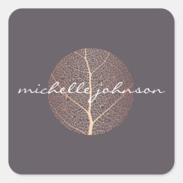 Pegatina Cuadrada Elegante logotipo de hoja de oro rosa en morado