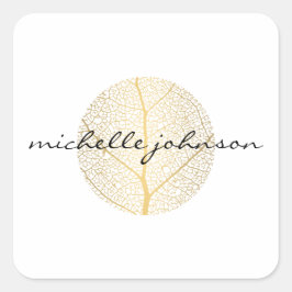 Pegatina Cuadrada Elegante logotipo de hoja de oro sobre blanco