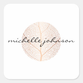Pegatina Cuadrada Elegante logotipo de hoja en oro rosa sobre blanco