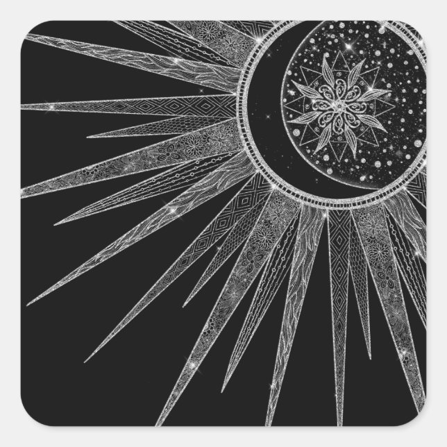 Pegatina Cuadrada Elegante luna de sol plateado Mandala Diseño negro (Anverso)