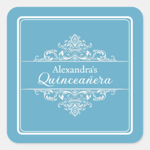 Pegatina Cuadrada Elegante Luz Azul Quinceañera Favor de Cumpleaños