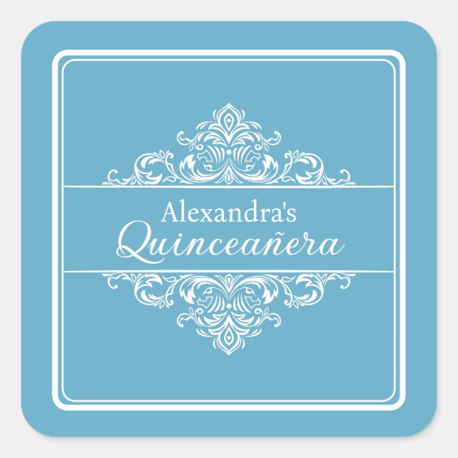 Pegatina Cuadrada Elegante Luz Azul Quinceañera Favor de Cumpleaños (Anverso)