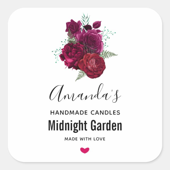 Pegatina Cuadrada Elegante Magenta Rosa Floral Bouquet Candle Biz (Anverso)