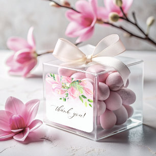 Pegatina Cuadrada Elegante Magnolia Rosa Acuarela Gracias